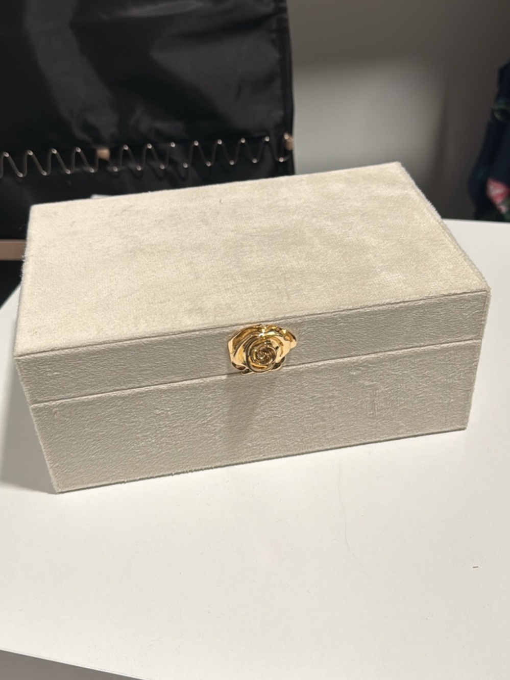 Ivory Velvet Jewelry Box with Gold Rose Accent